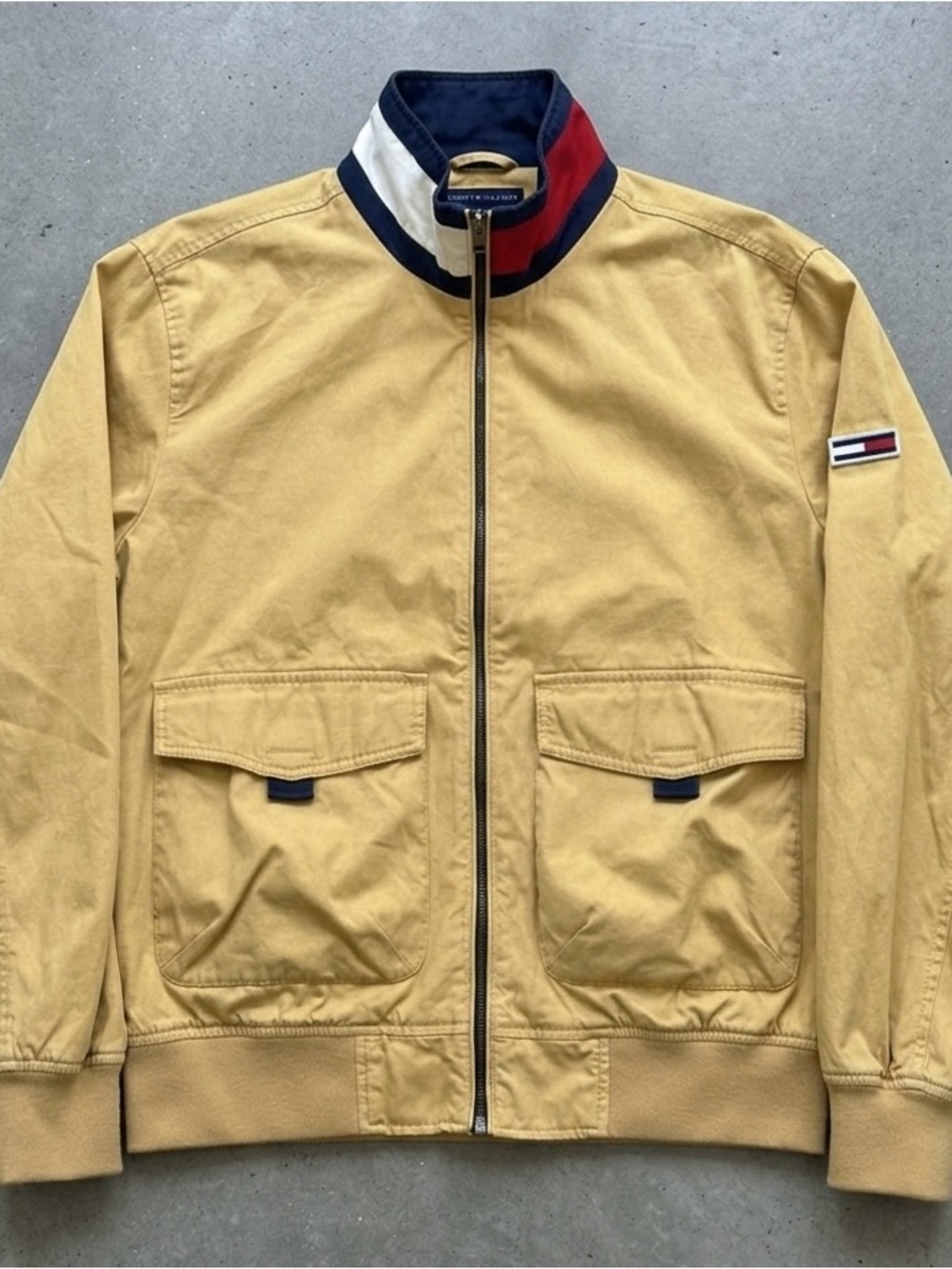 Tommy Hilfiger Men's Mustard Bomber Jacket with Signature Flag Collar